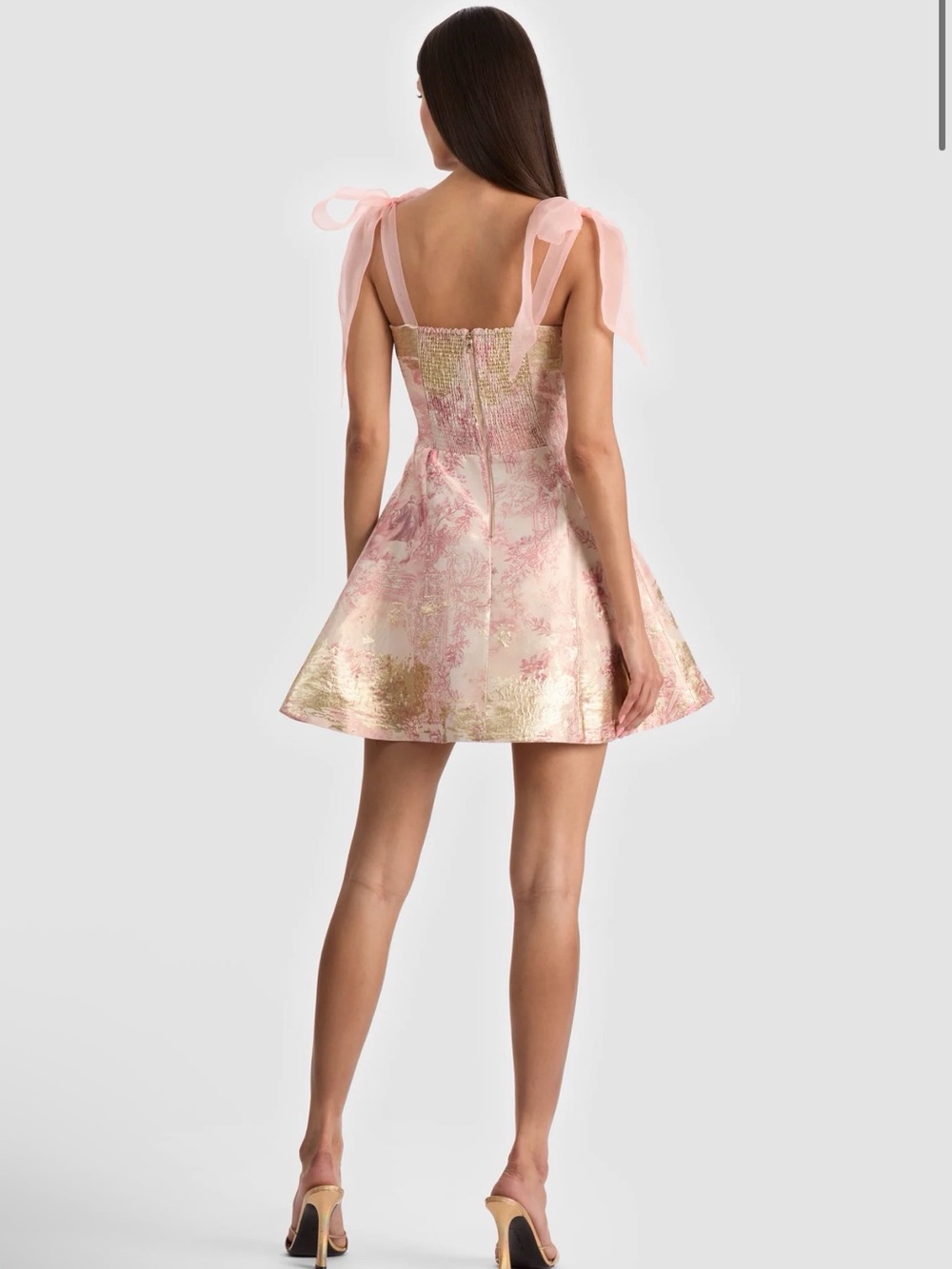 Alice and Olivia Tie-Shoulder Pink & Gold Brocade Mini Dress - Picture 2 of 4